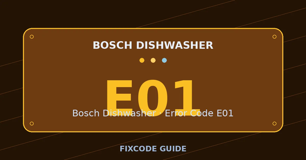 Bosch Dishwasher display showing E01 — FixCode Guide error code graphic