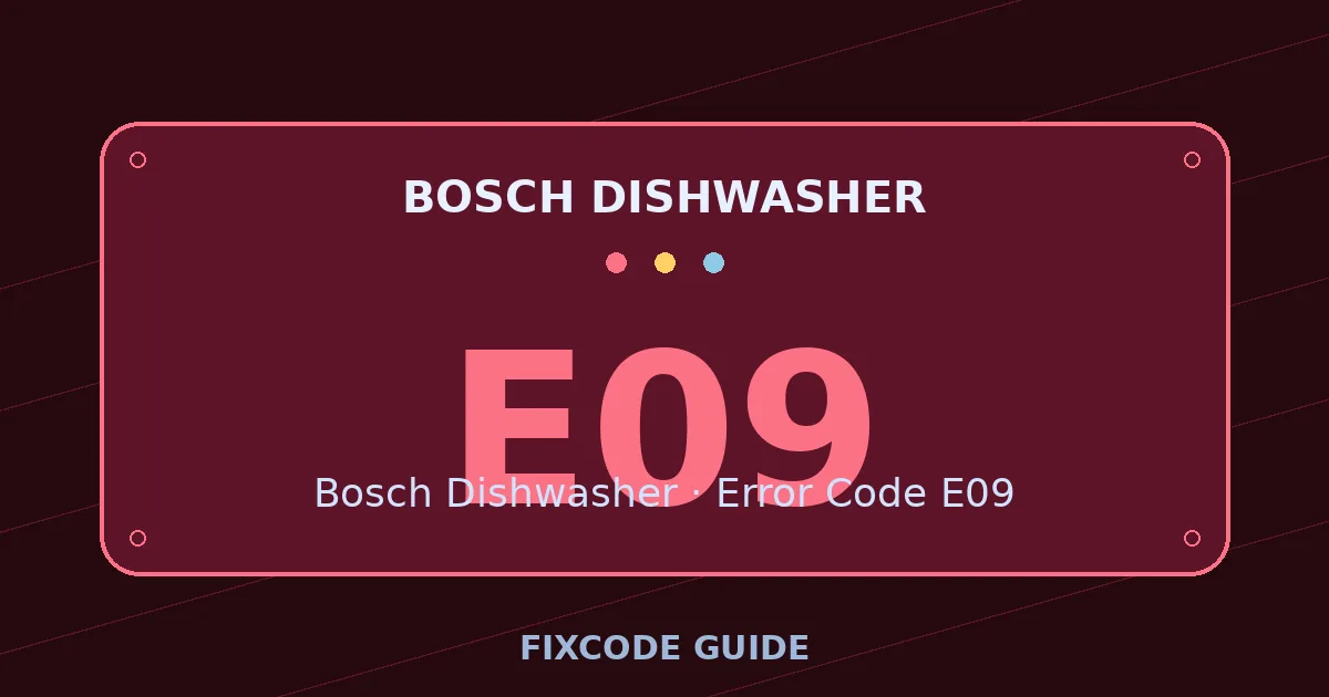 Bosch Dishwasher display showing E09 — FixCode Guide error code graphic