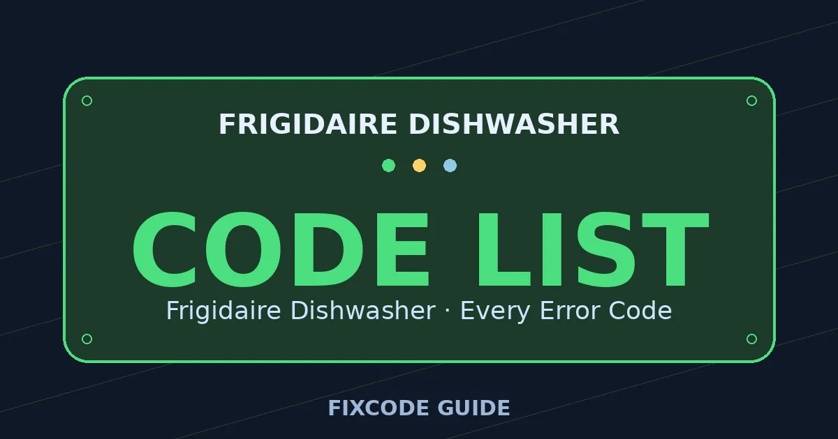 Frigidaire Dishwasher display showing full error code list — FixCode Guide error code graphic