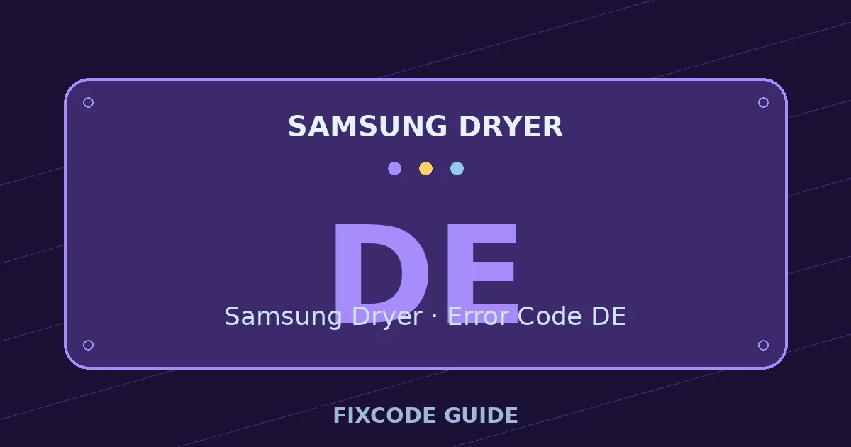 Samsung Dryer display showing DE — FixCode Guide error code graphic