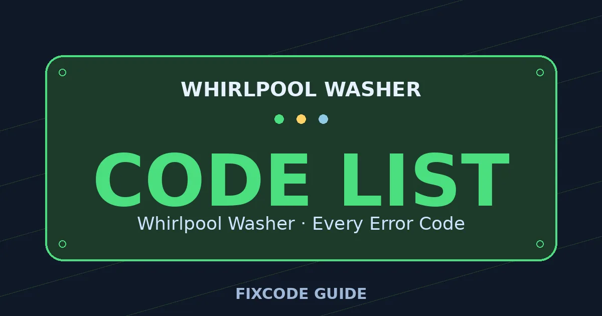 Whirlpool Washer display showing full error code list — FixCode Guide error code graphic